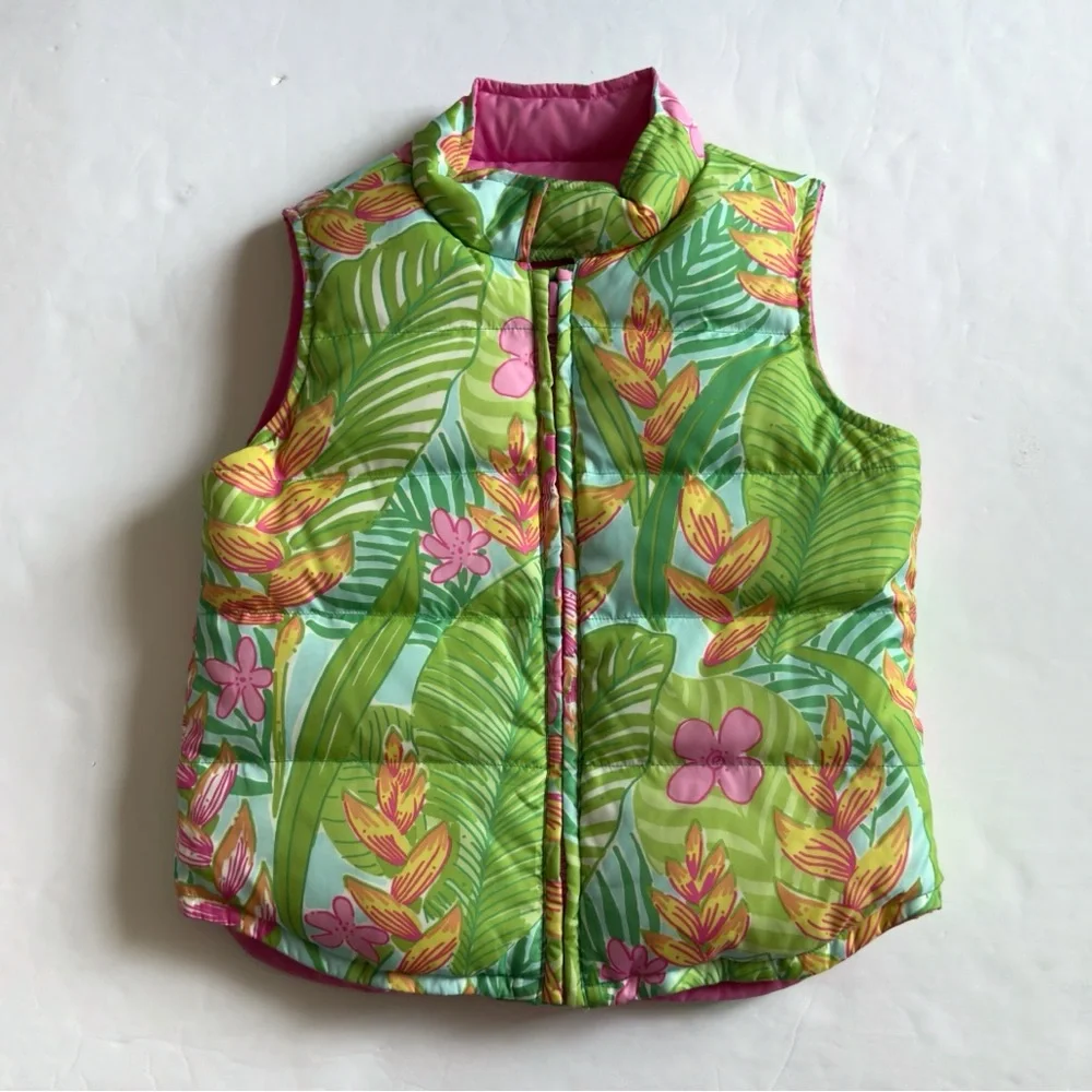 Lilly Pulitzer Floral Reversible Down Puffer Vest Girls 6X Pink Tropical Preppy